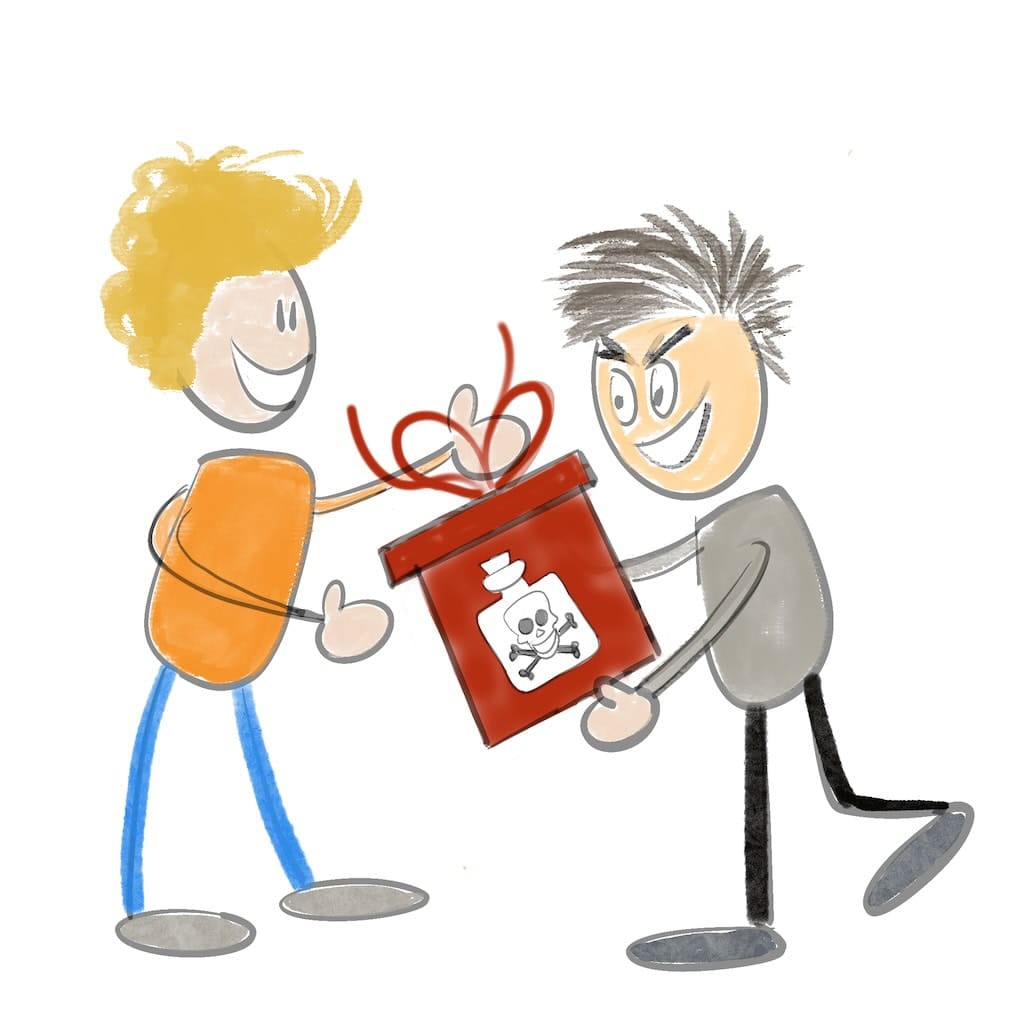eine Figur überreicht einer anderen Figur eine Geschenk, in dem Gift verborgen ist.