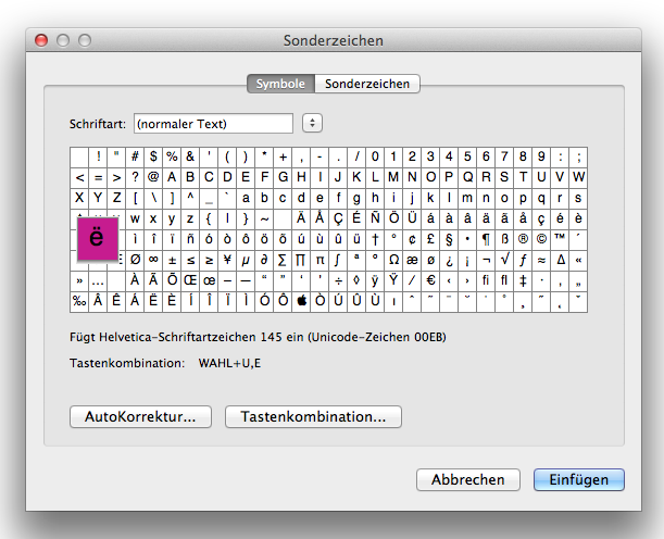 Die Sonderzeichentabelle in Word unter OS X auf dem Mac